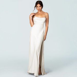Strappy Draped Gown Ivory Matte Satin - 2 - Fame and Partner